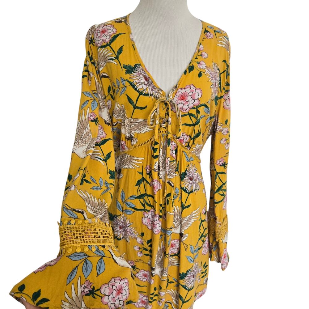 Xhilaration Babydoll Mini Dress Boho Bell Sleeves Lace Up Bodice Crane Women XXL